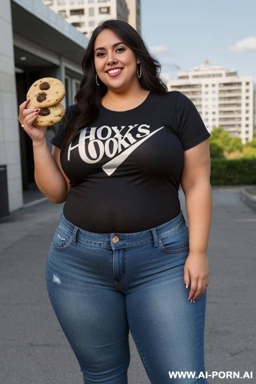 latina, , hourglass figure, bimbo, high rise jeans, very tan, band tshirt, holding cookie, bbw, rotund - #main
