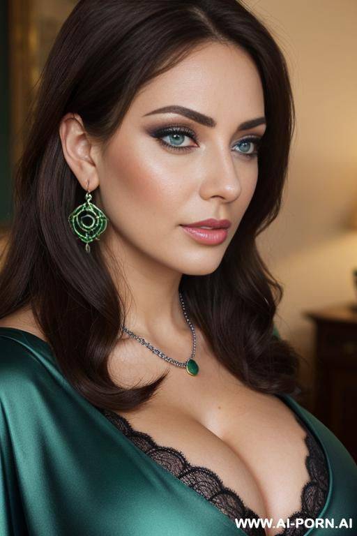 ultra realistic hot busty woman brunette, light-blue mesh cloak. earrings, necklace, makeup, strong dark eyelines, direct eye contact with viewer - #main