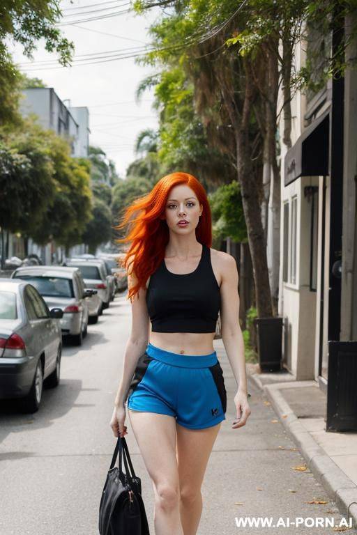 red-haired woman, full body, standing, long hair, expressive eyes. wearing gym clothes, black shorts, tight blue tank top, walking through the streets of the neighborhood - #main