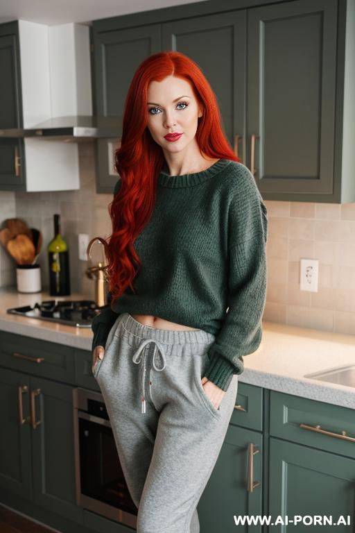 red-haired woman, full body, standing, long hair, expressive green eyes, wearing wine sweater and gray sweatpants, home kitchen - #main