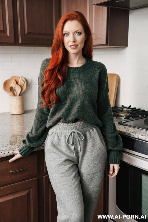 woman, full body, standing, long hair, expressive green eyes, wearing wine sweater and gray sweatpants, home kitchen - #main
