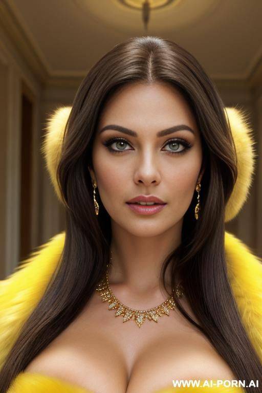 ultra realistic hot busty woman brunette, light-yellow fur coat. earrings, necklace, makeup, strong dark eyelines, direct eye contact with viewer - #main