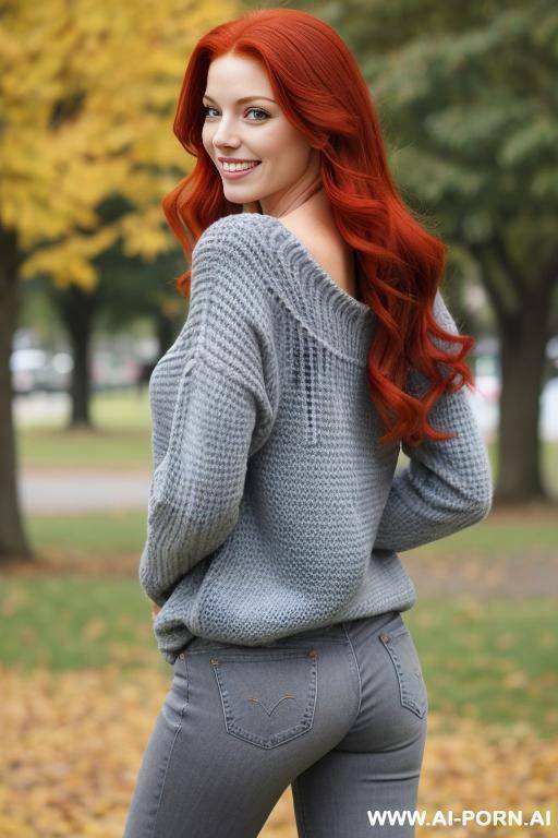 back view, red-haired woman, full body, standing, big smile, long hair, green expressive eyes. wearing blue jeans, gray sweater, park - #main