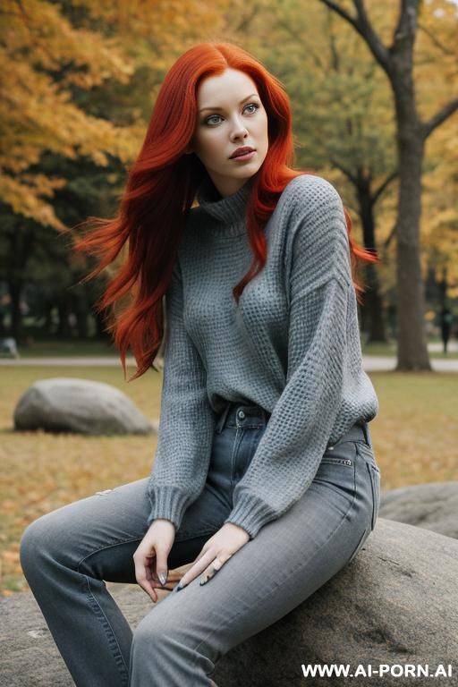 red-haired woman, full body, long hair, expressive green eyes. wearing blue jeans, gray sweater, sitting on a large rock in the park - #main