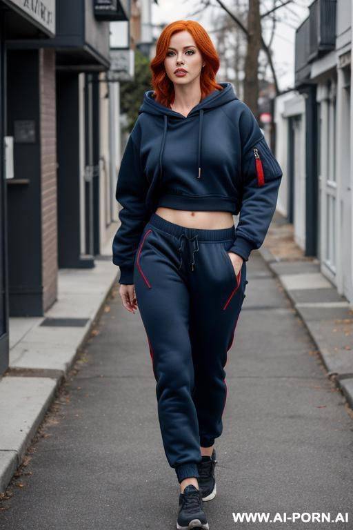 redhead woman, full body, standing, triangle hips, thick thighs, wearing dark blue bomber pants, dark blue hooded sweatshirt, walking through the neighborhood streets - #main