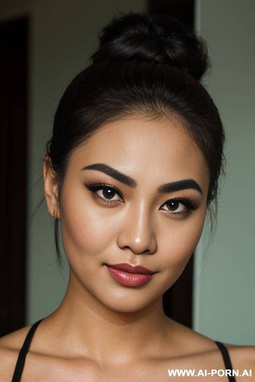 d, thick eyebrow, green eye, messy bun, malaysian, closeup, seductive smirk, curvy body - #main