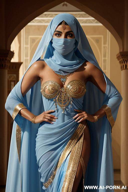 dark-skinned middle eastern woman. wearing a light blue, flowing, loose-fitting middle eastern dance costume. a light blue face veil is partially covering her face. a light blue, topless. gold-toned, ornate elry accents her upper arms. - #main