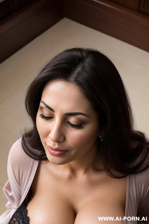 middle eastern, deep cleavage, kneeling down, looking up, raised head, chin up, eyes closed, open mouth, happy, closeup from above - #main