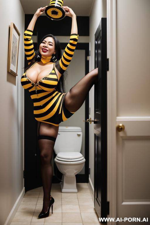 standing alongside of a potty in a dirty bathroom, a pouty scantily-dressed smiling housewife with long straight blonde hair, lipstick, and thick eyeliner is clasping her hands around a - #main