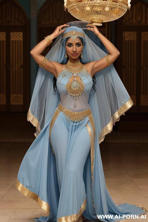 dark-skinned middle eastern woman. wearing a light blue, flowing, loose-fitting middle eastern dance costume. a light blue face veil is partially covering her face. a light blue, form-fitting - #main