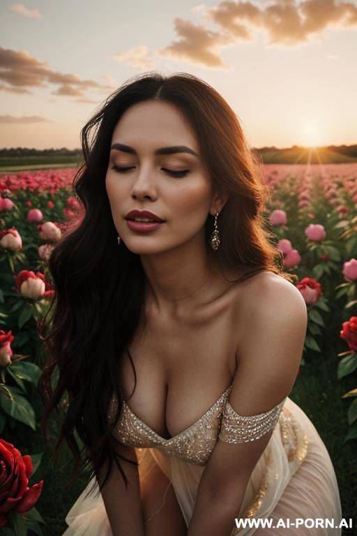 "a stunning, emotionally inse romantic portrait of a woman in a field overflowing with blooming roses, peonies, and wildflowers in rich reds, pinks, and whites. she is surrounded by petals in - #main