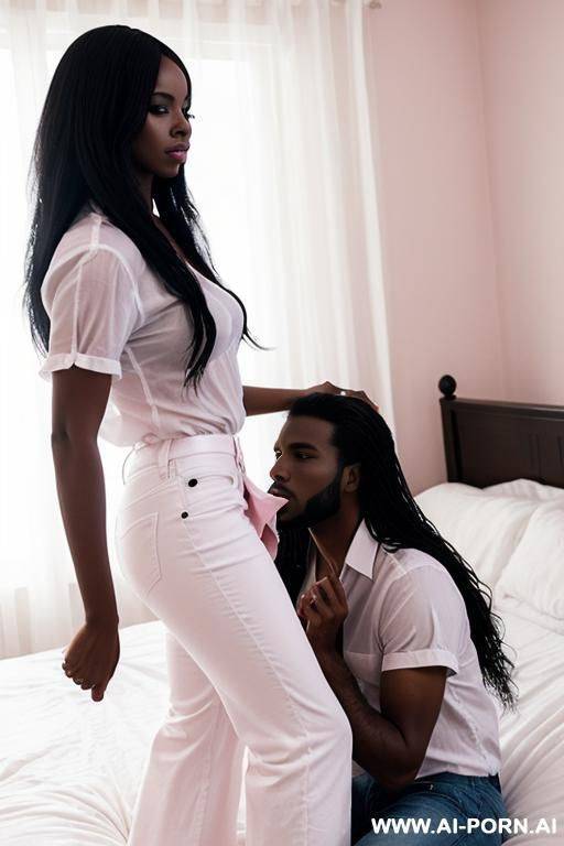 make a picture of a long-haired black woman wearing a white shirt and a long pink pleated skirt with a guy wearing a white shirt and denim pants having sex on the bed. and they do it in the room - #main