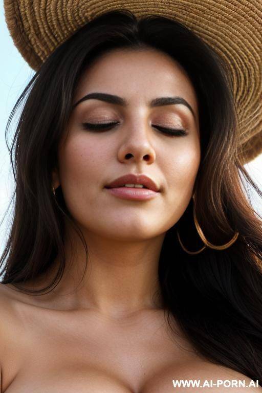 middle eastern, deep cleavage, kneeling down, looking up, raised head, chin up, eyes closed, open mouth, happy, closeup from above - #main