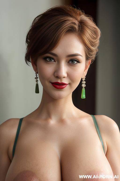 real life, pallid skin, curvy, (long nipple), ( nipple), (closeup shot), (nipple slip), (alluring face), (masculine style haircut), (short hair brushed above ears), (hair color: light brown & - #main