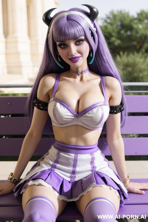 full-length woman sitting on a park bench, short skirt, open legs, where white panties can be seen, the subject must be positioned in the center of the frame, frontally, bright image. super realistic - #main