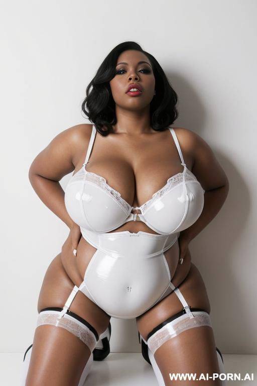 shiny white vinyl stockings and vinyl bustier, on her knees , looking up, above view - #main