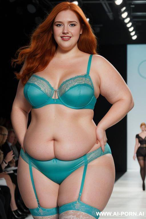 half-length photo, a fat ((very obese)) chubby fat thick and bbw redhead british walking on a runway during a fashion chubby show, the lighting is dramatic, with spotlights focused on she. - #main