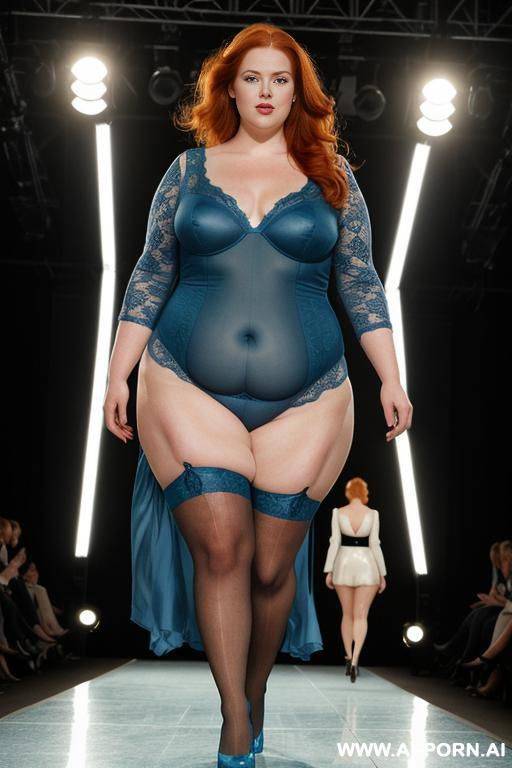 half-length photo, a fat ((very obese)) chubby fat thick and bbw redhead british, walking on a runway during a fashion fat obese show, the lighting is dramatic, with spotlights focused on she. - #main