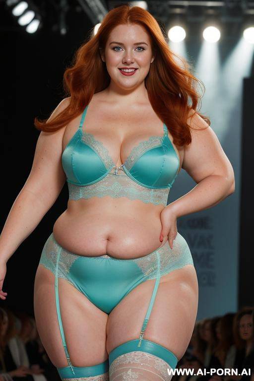 half-length photo, a fat ((curvy very obese)) chubby fat thick and bbw redhead british walking on a runway during a fashion show, the lighting is dramatic, with spotlights focused on she. (she - #main