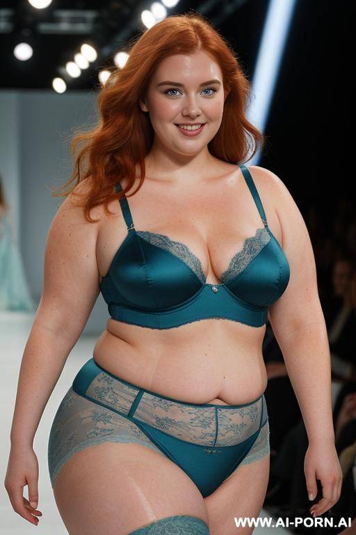 half-length photo, a confident a fat ((curvy very obese)) chubby fat thick and bbw redhead british walking on a runway during a fashion show, the lighting is dramatic, with spotlights focused - #main
