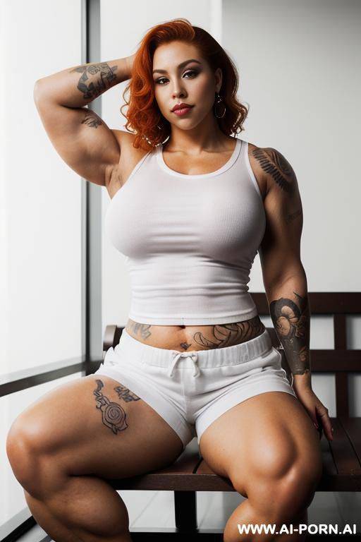 short ginger curly hair bun, stunningly beautiful woman, (((thick, fat, massive upper arms, massive upper body))), (voluptuous big lips), starring directly into the camera, eye contact, large eyes, - #main