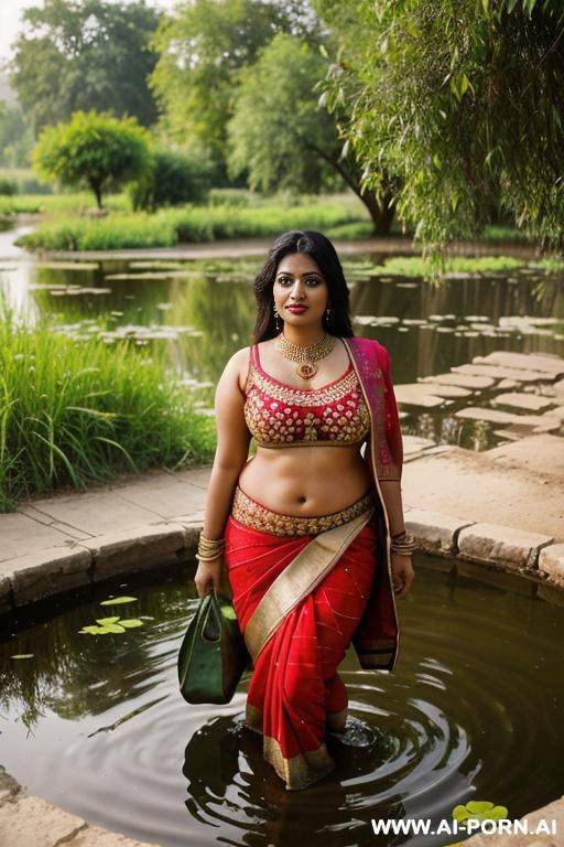 a pretty curvy rural indian women bag with in a pond happily along with her female companions - #main