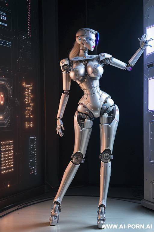 sexbot, side view, full body view, standing upright, sticking out the ass, hands on spaceship control desk, looking at viewer, beautiful seductive human face with tanned silicone skin, long - #main