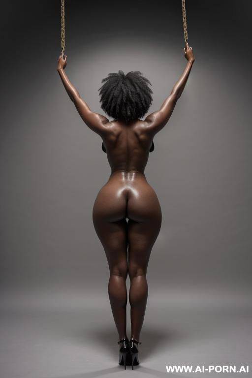 full body shot of a nude, ebony woman with large breasts and a standing in the center of the image fully backds to the expectator with her arms raised above her head fully extended. she - #main