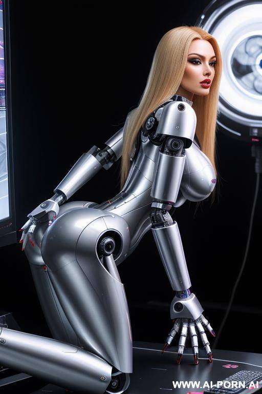 sexbot, side view, full body view, standing upright, hands on spaceship control desk, looking at viewer, beautiful seductive human face with tanned silicone skin, long straight blonde hair, big - #main