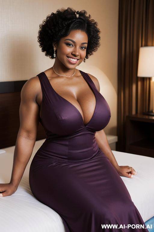 short, ((thick arm muscles)), 20 year old, dark skinned, tight afro curls, gymnast, smiling, (((massive breasts))), sitting in a hotel room wearing a bridesmaid dress, showing cleavage - #main