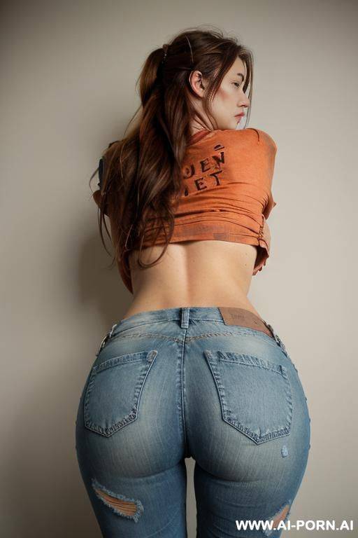 a woman is wearing worn out ripped jeans and a holey t-shirt. she is bending over, a rip in her pants below the back pockets is visible. a red heart is scribbled at the butt. she has long, messy brown hair. there ist lot of trash aruond. - #main