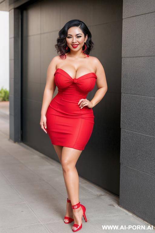 asian woman, mid-20s, black over-the-knee heels, red dress - #main