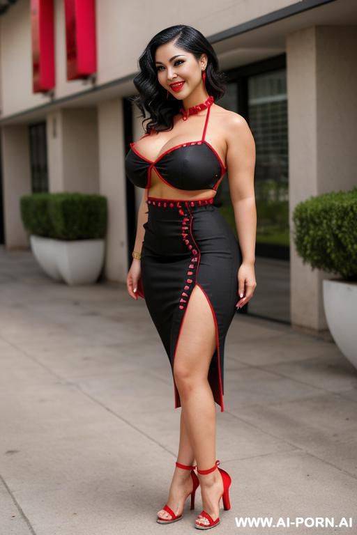 asian woman, mid-20s, black heels, red dress - #main