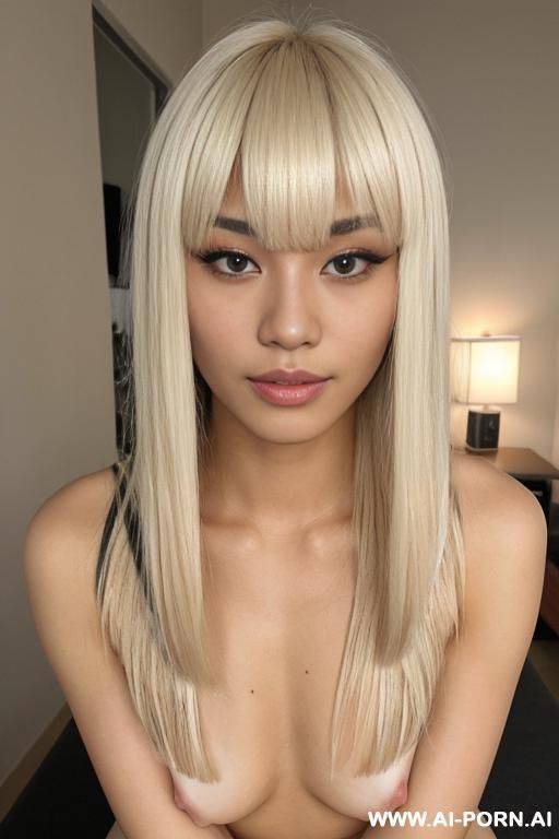 show asian babe platinum blonde hair sitting on bench facing viewer seductively look - #main