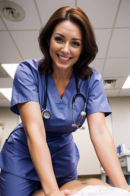 (close up) (smiling) (nurse) (scrubs) (exam room) (bending down) - #main