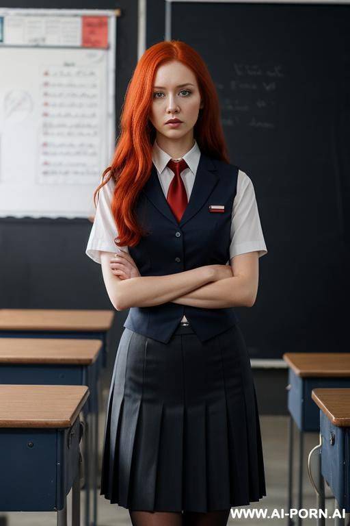 face of woman, full body, standing, long red hair, sad look, with a lot of sadness on her face, wearing uniform, dark blue pleated skirt, white short sleeve shirt with tie, black wool vest, classroom - #main
