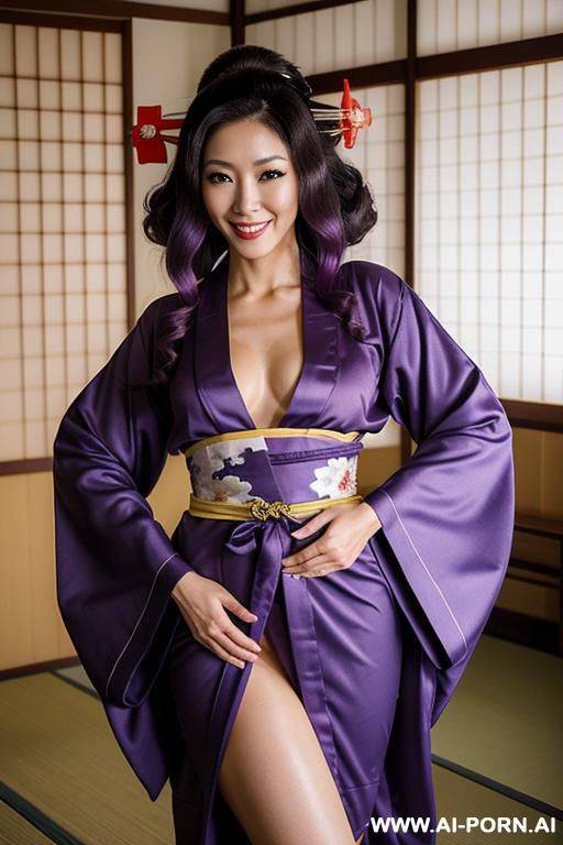 (highest quality) ((gently smiling tsundere)) solo, (pretty face) ((long wild hair)) ((direct eye contact)) ((hot skin-tone)) (extremely pretty) (((wearing open sexy geisha robe))) ((she is tanned)) ((graceful lady)) (((oriental sanctuary))) - #main