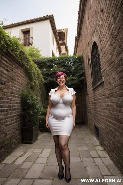 full body bottom view , {white } hips short dress, high hells shoes, , in the alley of a large mansion , large {{black}} net stockings - #main