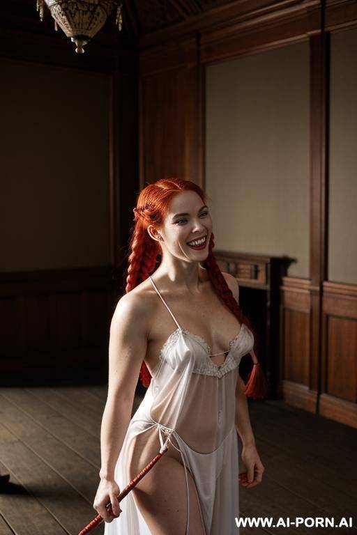 a red-haired with braided haair, kawai face, wearing a white sheer nightgown naked body , she has a whip un her hands and evil smile, evil face she is in a victorian room style with a whiplash in her hand - #main