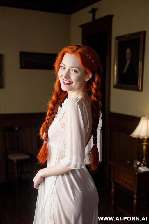 a red-haired with braided hair, beautiful kawai face wearing a white sheer nightgown you can see her naked body under, she has a whip un her hands and evil smile, evil face she is in a victorian room style - #main