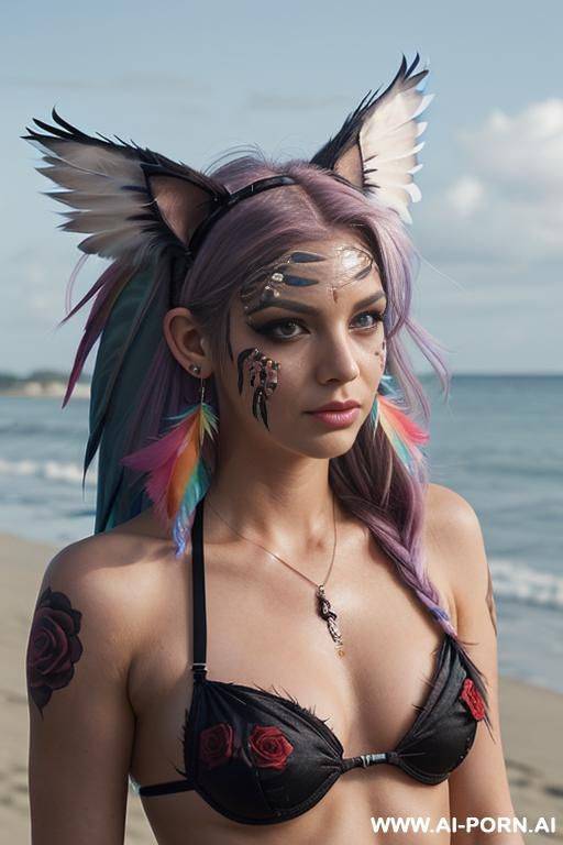 face, sexy, beautiful, ((face painting)), ((bikini as seashell)), ((tattoo roses)), ((eyes shw)), ((angel wings)), ((rainbow hair)), ((long bu hair)), ((see through)), ((wind)), (( cat face)), (( cat - #main