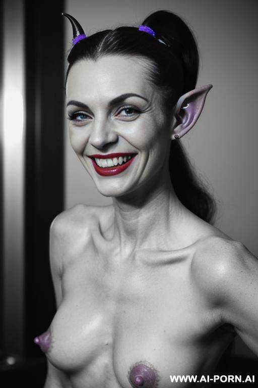 purple skinned demon (devil), pointed ears (goblin ears), big fangs (pointed teeth), goth, massive nipples (swollen nipples), veins, very hairy public, long fingers, bone visible through skin - #main
