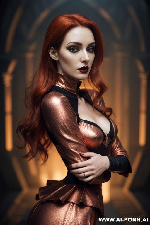red goth lady vampire, vampire fangs, seductive wide smirk, deep forests old ruins, (hypnotic glow art, uv reactive), shining magic, hazel eyes, sleeveless, ashen natural skin without makeup, high - #main