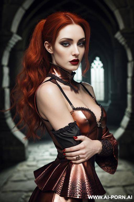 red goth lady vampire, vampire fangs, wide lips, deep forests old ruins, (hypnotic glow art, uv reactive), shining magic, hazel eyes, sleeveless, ashen natural skin without makeup, high contrast - #main