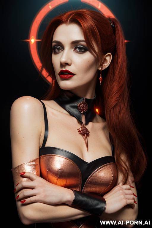 red goth lady vampire, vampire fangs, wide lips, neon medieval cyberpunk tavern, (hypnotic glow art, uv reactive), shining magic, hazel eyes, sleeveless, ashen natural skin without makeup, high - #main