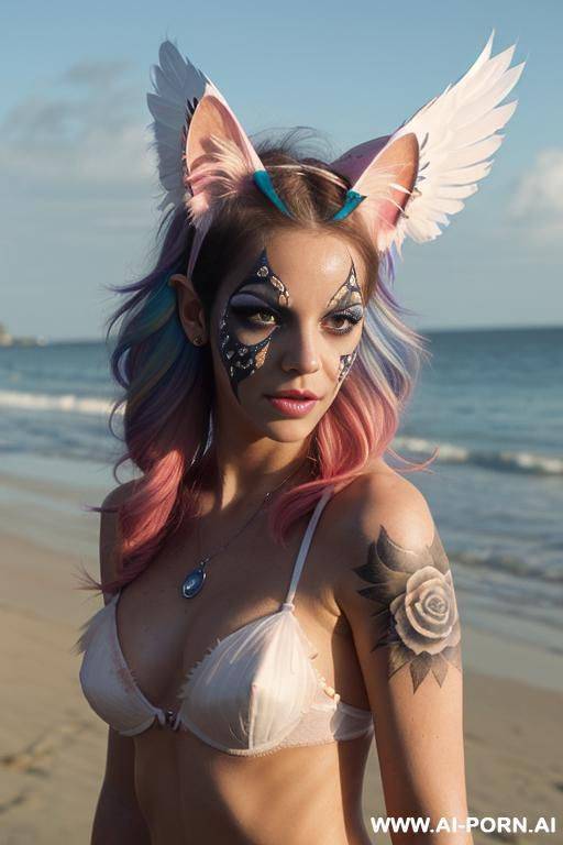 face, sexy, beautiful, ((face painting)), ((bikini as seashell)), ((tattoo roses)), ((eyes shw)), ((angel wings)), ((rainbow hair)), ((long bu hair)), ((seethrough)), ((wind)), (( cat face)), (( cat - #main