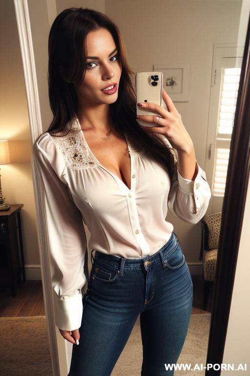 blouse, jeans, high brown boots, ((biting her lip)), ((highly detailed face)) - #main