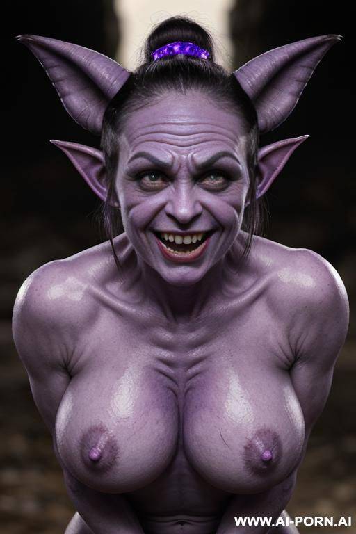 purple skinned demon (cyclops), pointed ears (goblin ears), big fangs (pointed teeth), goth, massive nipples (swollen puffy nipples), skin (purple, veins, bony), bloated belly, round face (chubby cheeks), - #main