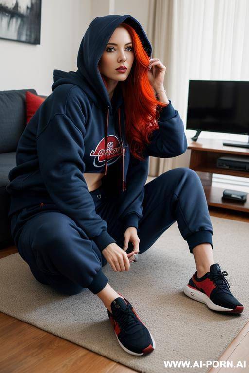 woman face, full body, sitting on the floor, long red hair, wearing dark blue bomber pants and dark blue hooded sweatshirt, living room - #main