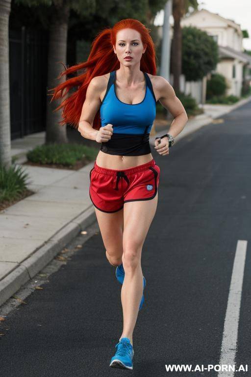 woman, full body, standing, long red hair, wearing black gym shorts, tight blue tank top, running through neighborhood streets - #main